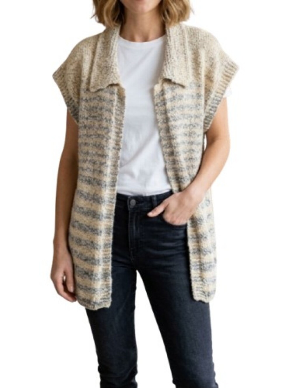 Handmade Plus Tunic Cardigan Sweater Short Sleeves Striped Open Front Beige Gray